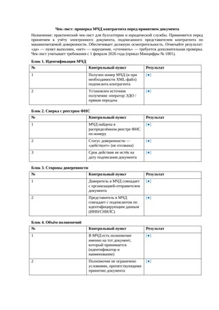 Чек-лист Проверка МЧД контрагента — превью